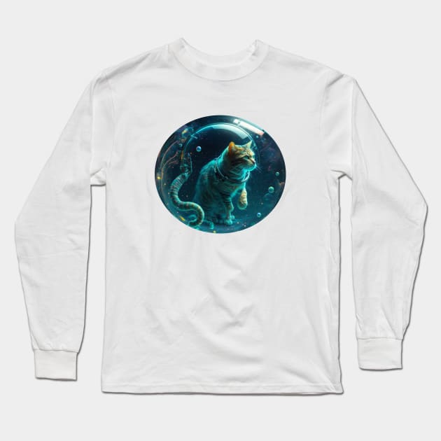 Cat inside a blue water bubbles Long Sleeve T-Shirt by Kileykite 